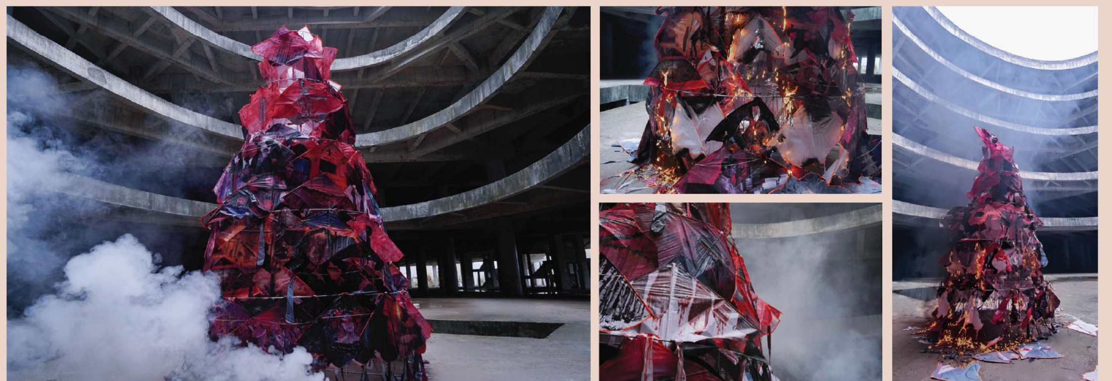 A tower of painted kites standing in a derelict rotunda, wrapped in smoke and catching fire